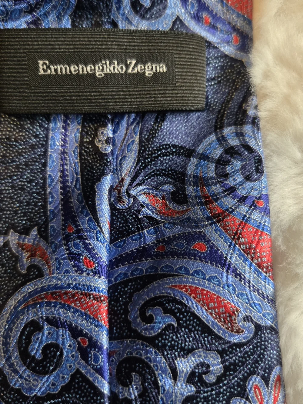Ermenegildo Zegna Navy Paisley Tie with Blue and Red Accents